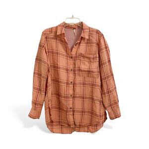 Free People No Limited Plaid button down shirt 100% linen oversized orange sz S